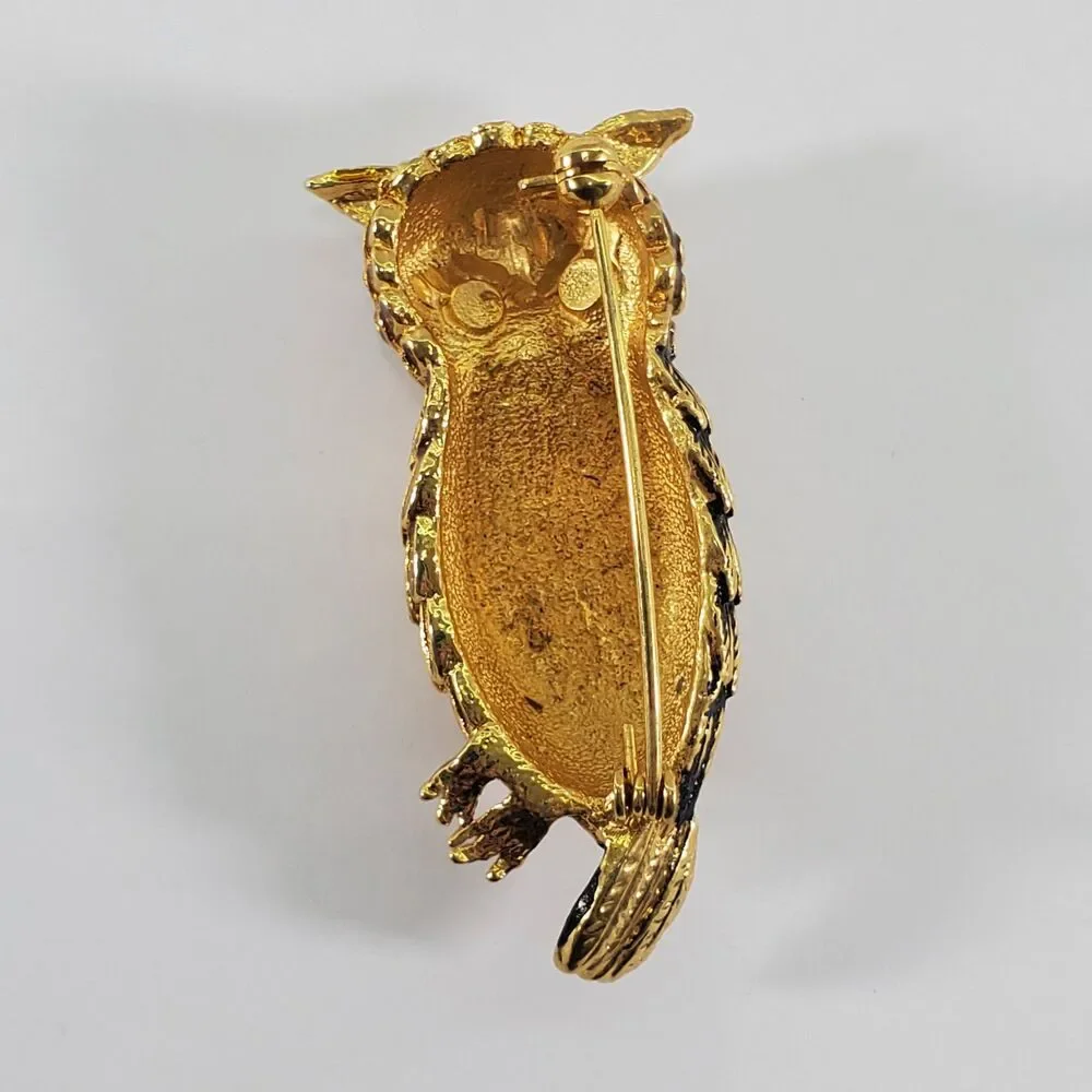 Chubby Vintage Owl Brooch Gold Tone Enamel Black Faceted Eyes Mid Century
